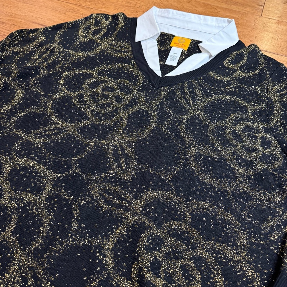 Ruby Rd. Black and Gold V-Neck Sweater - Picture 3 of 6